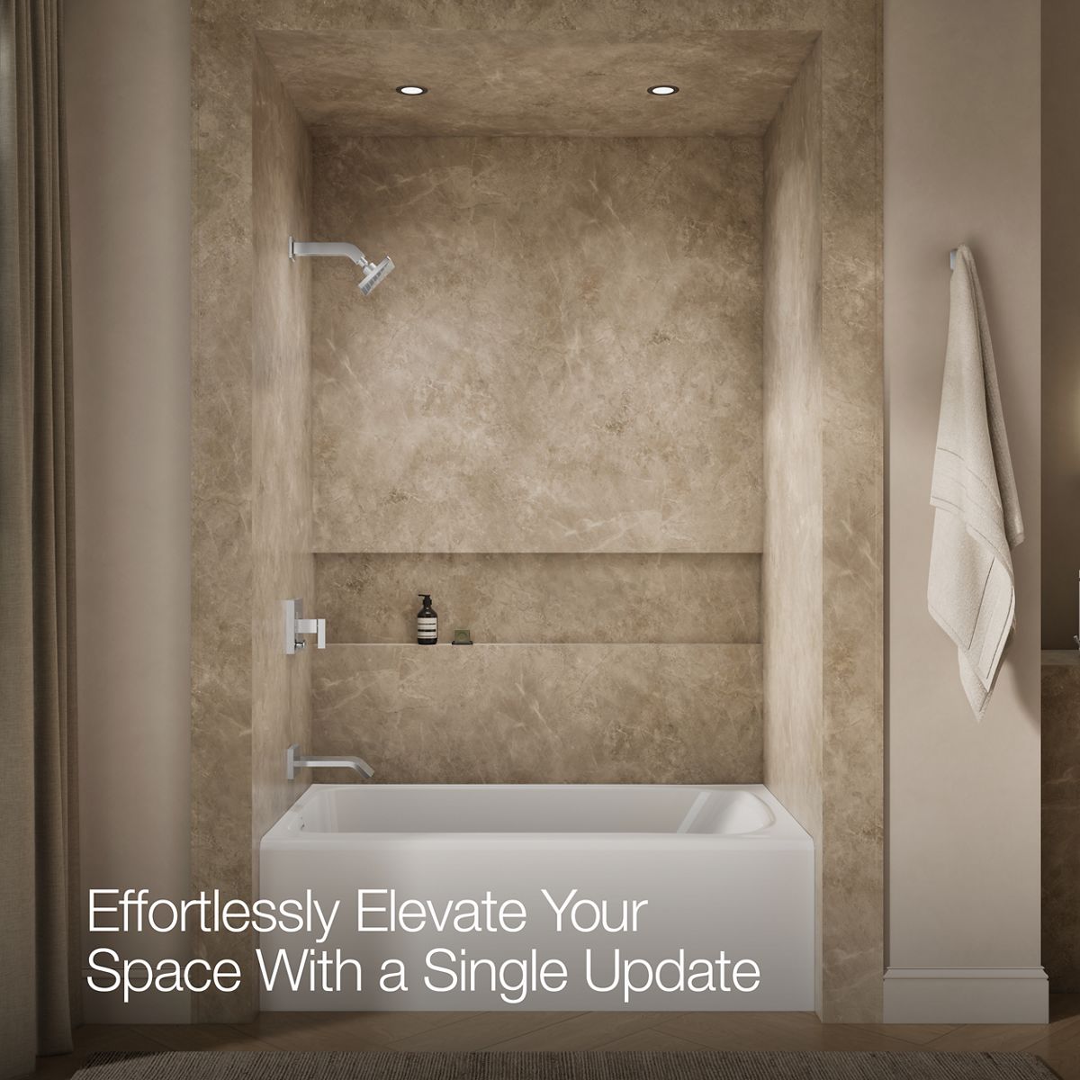 Up to 2 walls & multiple product categories visible, 1-point perspective