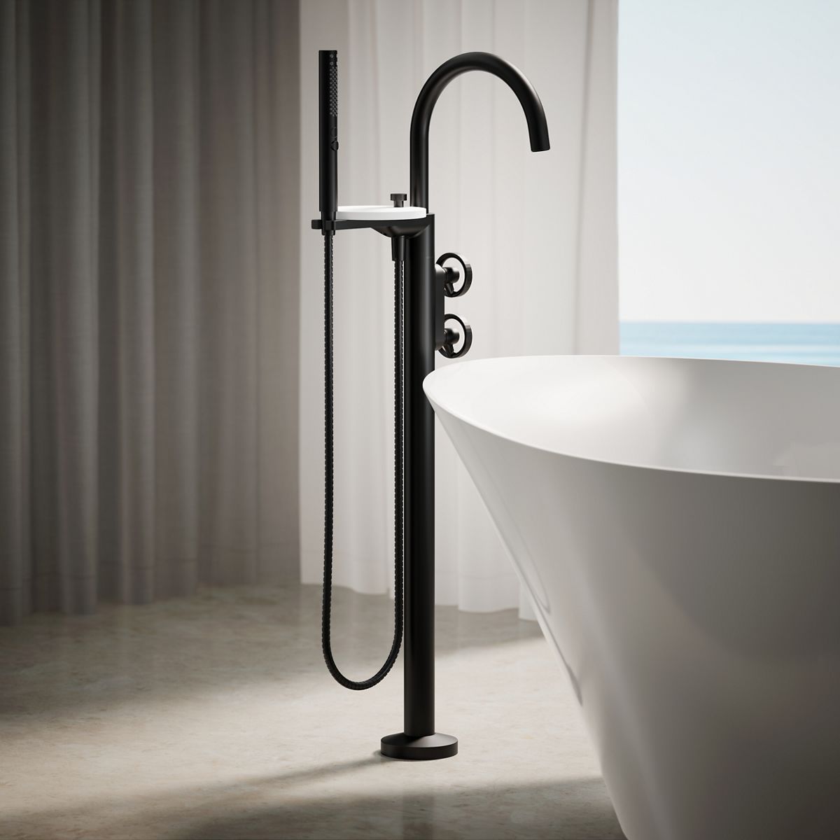 KOHLER Components Floor-mount bath filler trim with industrial handles and handshower