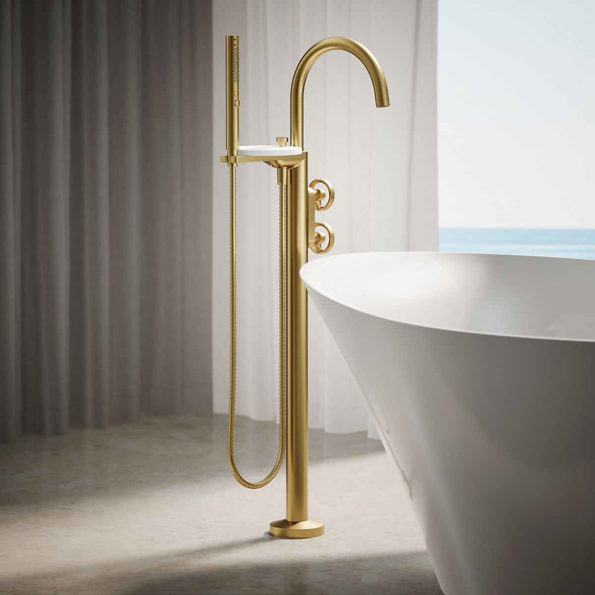 KOHLER Components Floor-mount bath filler trim with industrial handles and handshower