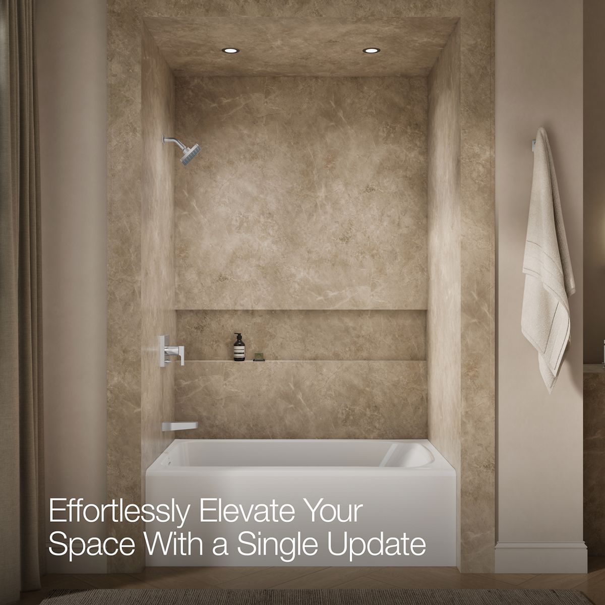 Up to 2 walls & multiple product categories visible, 1-point perspective