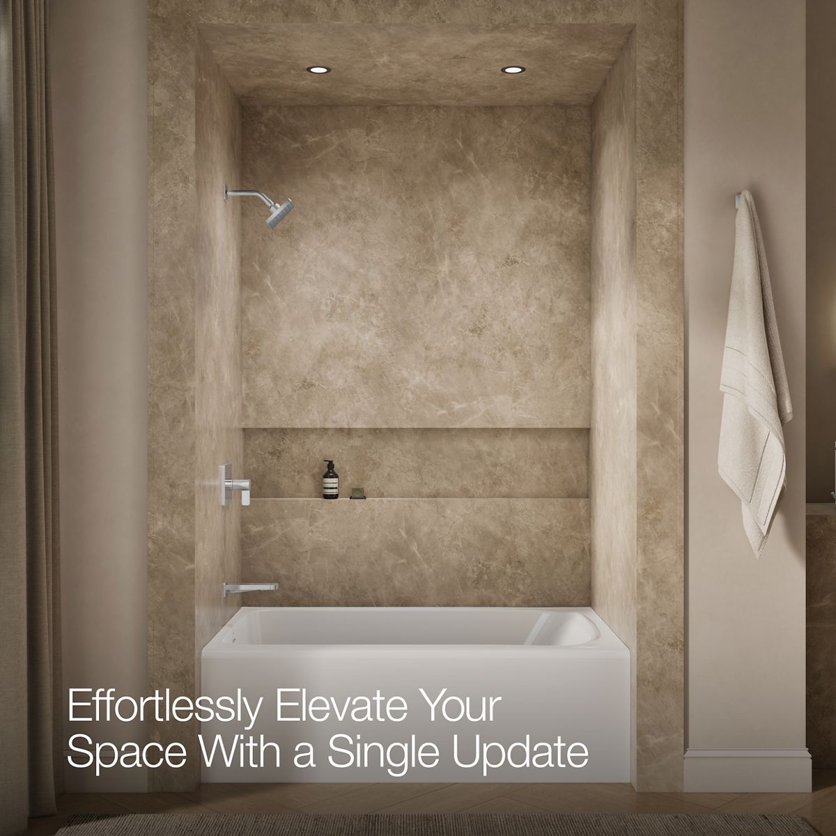 Up to 2 walls & multiple product categories visible, 1-point perspective