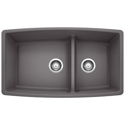 BLANCO 441474 Performa 1-3/4 Double Bowl Kitchen Sink with Low Divide - Cinder