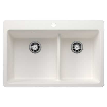 BLANCO Liven SILGRANIT 33" 60/40 Double Bowl Dual Mount Kitchen Sink with Low Divide - White