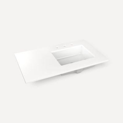 Robern TF37URO93-8 Quartz Stone Vanity Top, 37" x 3/4" x 22", Right Offset Undercounter Sink, White Zeus Extreme, Three Hole