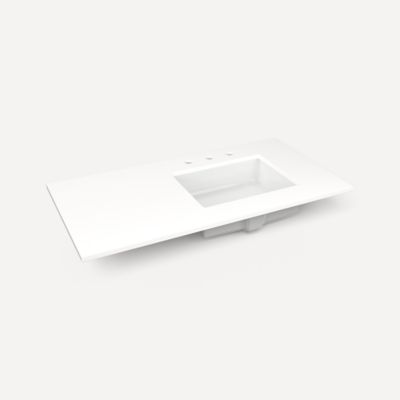 Robern TF43URO93-8 Quartz Stone Vanity Top, 43" x 3/4" x 22", Right Offset Undercounter Sink, White Zeus Extreme, Three Hole