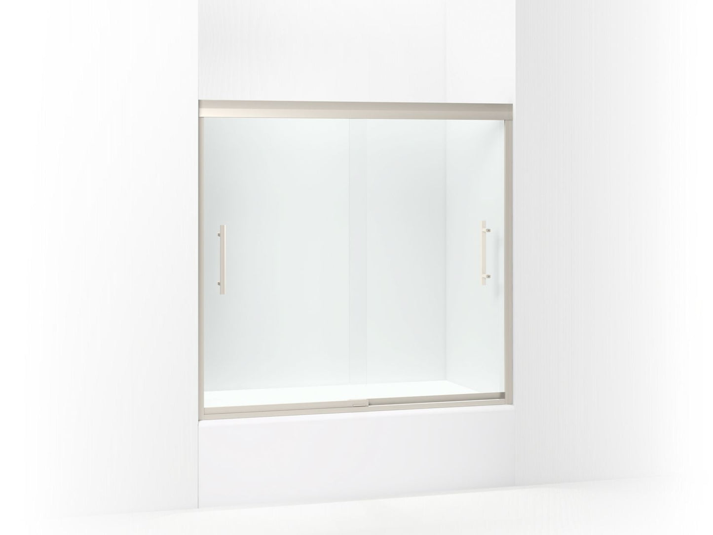 Sterling 542808-59 Finesse Peak 55-1/2" H Frameless Sliding Bath Door with 5/16"-thick Glass, Nickel - 3/4 view of product