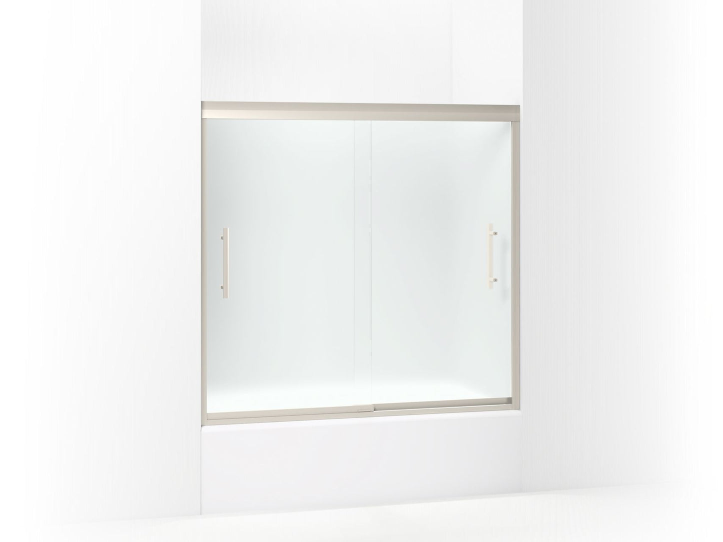 Sterling 542808-59 Finesse Peak 55-1/2" H Frameless Sliding Bath Door with 5/16"-thick Glass, Nickel - 3/4 view of product