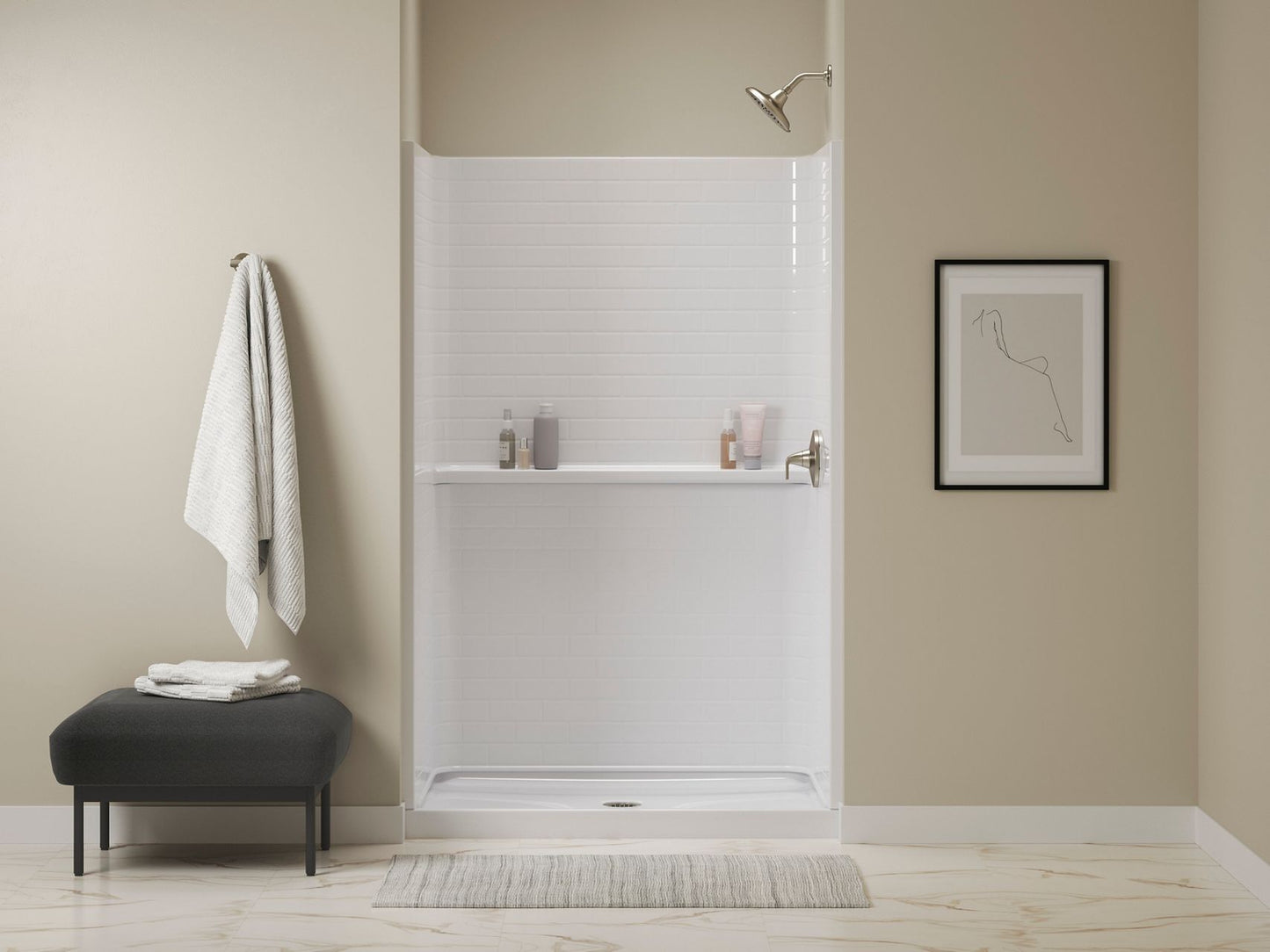 Sterling 72520106 Traverse 48" x 34" Vikrell® Shower with Aging in Place Backerboards, Center Drain, White