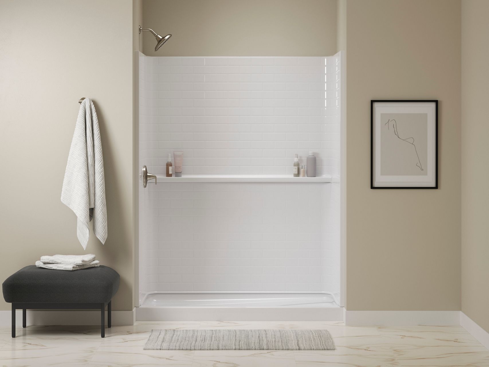 Sterling 72570116 Traverse 60" x 30" x 76-1/4" Vikrell® Shower with Aging in Place Backerboards, Left Drain, White