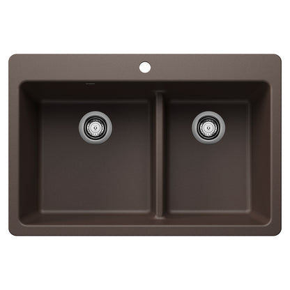 BLANCO Liven SILGRANIT 33" 60/40 Double Bowl Dual Mount Kitchen Sink with Low Divide - Café
