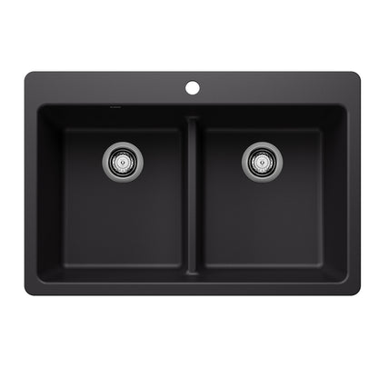 BLANCO Liven SILGRANIT 33" 50/50 Double Bowl Dual Mount Kitchen Sink with Low Divide - Coal Black