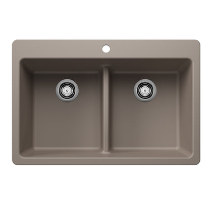 BLANCO Liven SILGRANIT 33" 50/50 Double Bowl Dual Mount Kitchen Sink with Low Divide - Truffle
