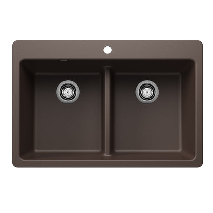 BLANCO Liven SILGRANIT 33" 50/50 Double Bowl Dual Mount Kitchen Sink with Low Divide - Café