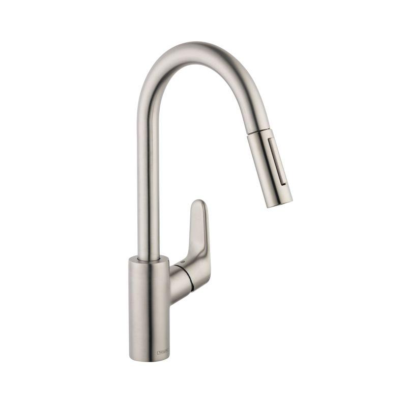 Hansgrohe 04505800 Focus Pull-Down Kitchen Faucet with High-Arc Spout, Magnetic Docking & Toggle Spray Diverter in Steel Optic