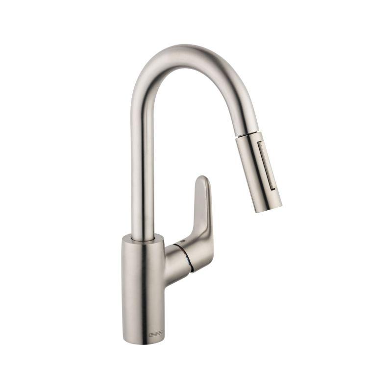 Hansgrohe 04506801 Focus Pull-Down Prep Faucet with High-Arc Spout, Magnetic Docking & Toggle Spray Diverter in Steel Optic