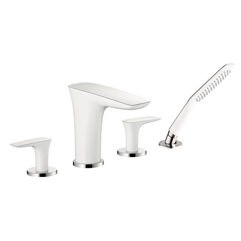 Hansgrohe 15446401 Pura Vida Roman Tub Filler Faucet with Diverter Metal Lever Handles and 2.0 GPM Single Function Hand Shower Less Valve in Chrome/White