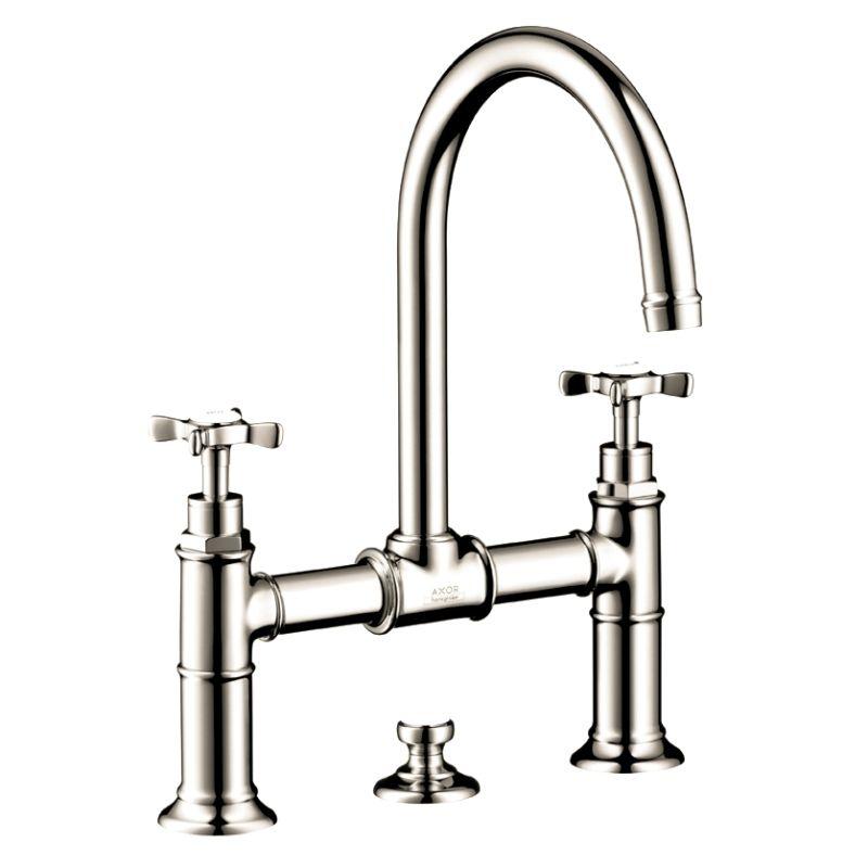 Axor 16510831 Montreux 1.2 GPM Widespread Bridge Bathroom Faucet with Swivel Spout Cross Handles and Drain Assembly in Polished Nickel