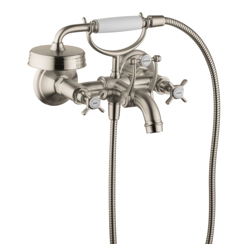 Axor 16540821 Montreux Roman Tub Filler Faucet Wall Mounted with Diverter Metal Cross Handles and 2.5 GPM Single Function Hand Shower Less Valve in Brushed Nickel