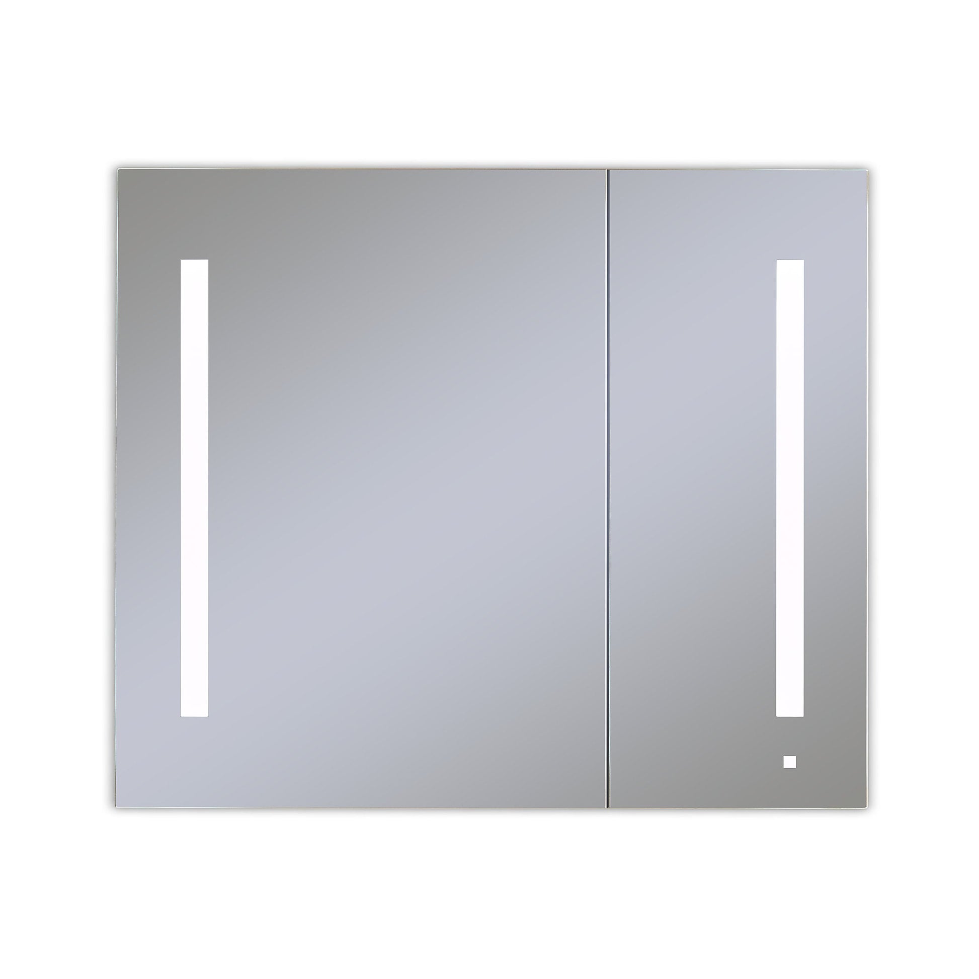 AiO 35-1/4" x 30" x 4" two door lighted cabinet  with large door at left with LUM LED lighting at 4000 kelvin temperature (cool light), dimmable, built-in OM Audio, interior lighting, electrical outlet, USB charging ports and magnetic storage strip