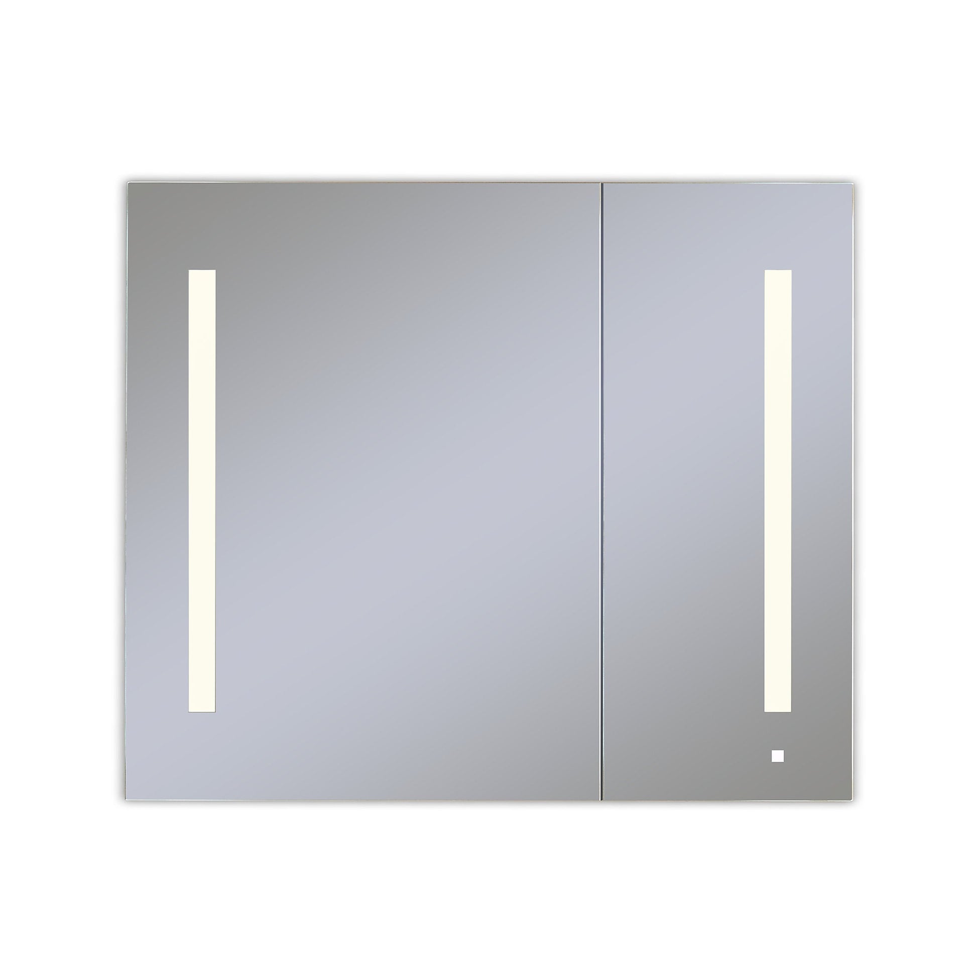 AiO 35-1/4" x 30" x 4" two door lighted cabinet with large door at left with LUM LED lighting at 2700 kelvin temperature (warm light), dimmable, interior lighting, electrical outlet, USB charging ports and magnetic storage strip