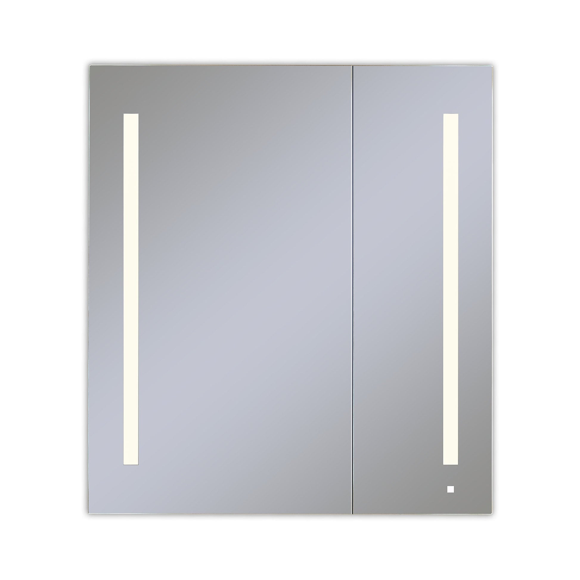 AiO 35-1/4" x 40" x 4" two door lighted cabinet  with large door at left with LUM LED lighting at 2700 kelvin temperature (warm light), dimmable, built-in OM Audio, interior lighting, electrical outlet, USB charging ports and magnetic storage strip