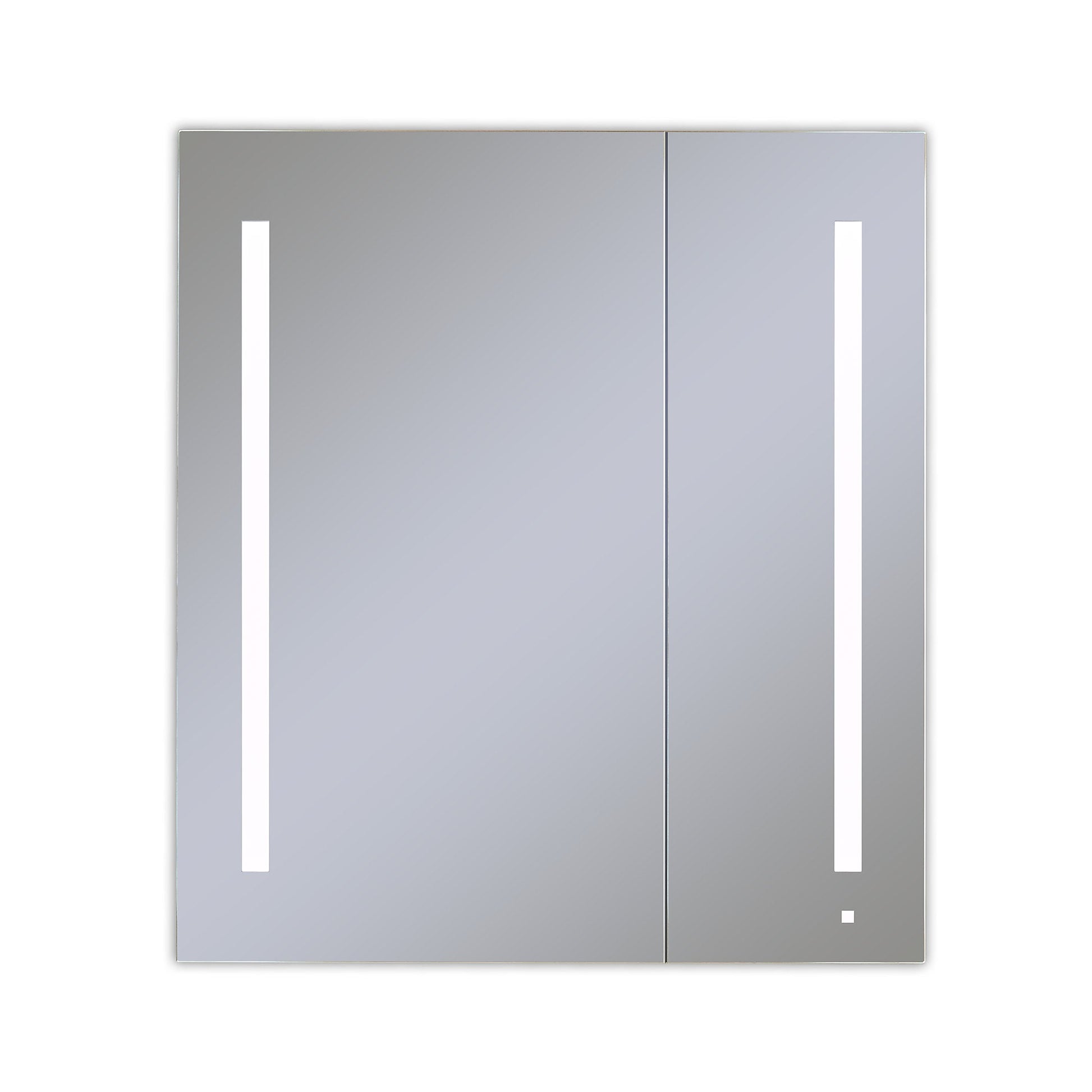 AiO 35-1/4" x 40" x 4" two door lighted cabinet with large door at left with LUM LED lighting at 4000 kelvin temperature (cool light), dimmable, interior lighting, electrical outlet, USB charging ports and magnetic storage strip