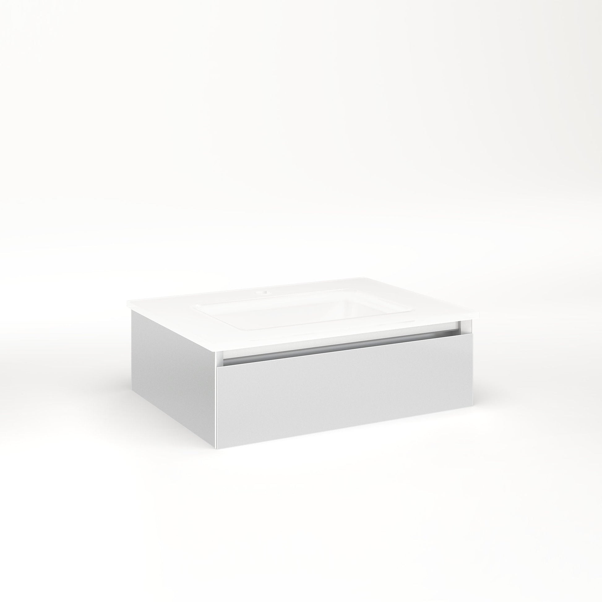 Cartesian 24-1/8" x 7-1/2" x 18-3/4" slim drawer vanity in satin white with slow-close plumbing drawer and night light in 5000K temperature (cool light)