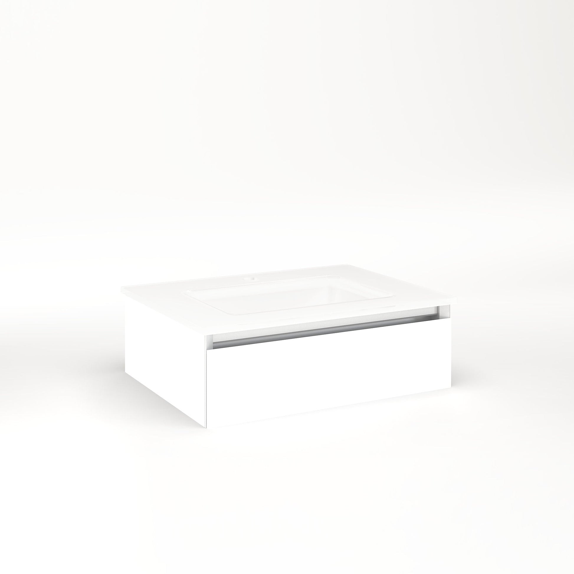 Cartesian 24-1/8" x 7-1/2" x 18-3/4" slim drawer vanity in white with slow-close plumbing drawer and selectable night light in 2700K/4000K temperature (warm/cool light)