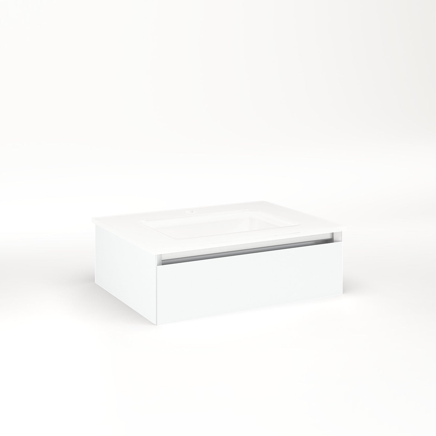Cartesian 24-1/8" x 7-1/2" x 18-3/4" slim drawer vanity in matte white with slow-close plumbing drawer and night light in 5000K temperature (cool light)