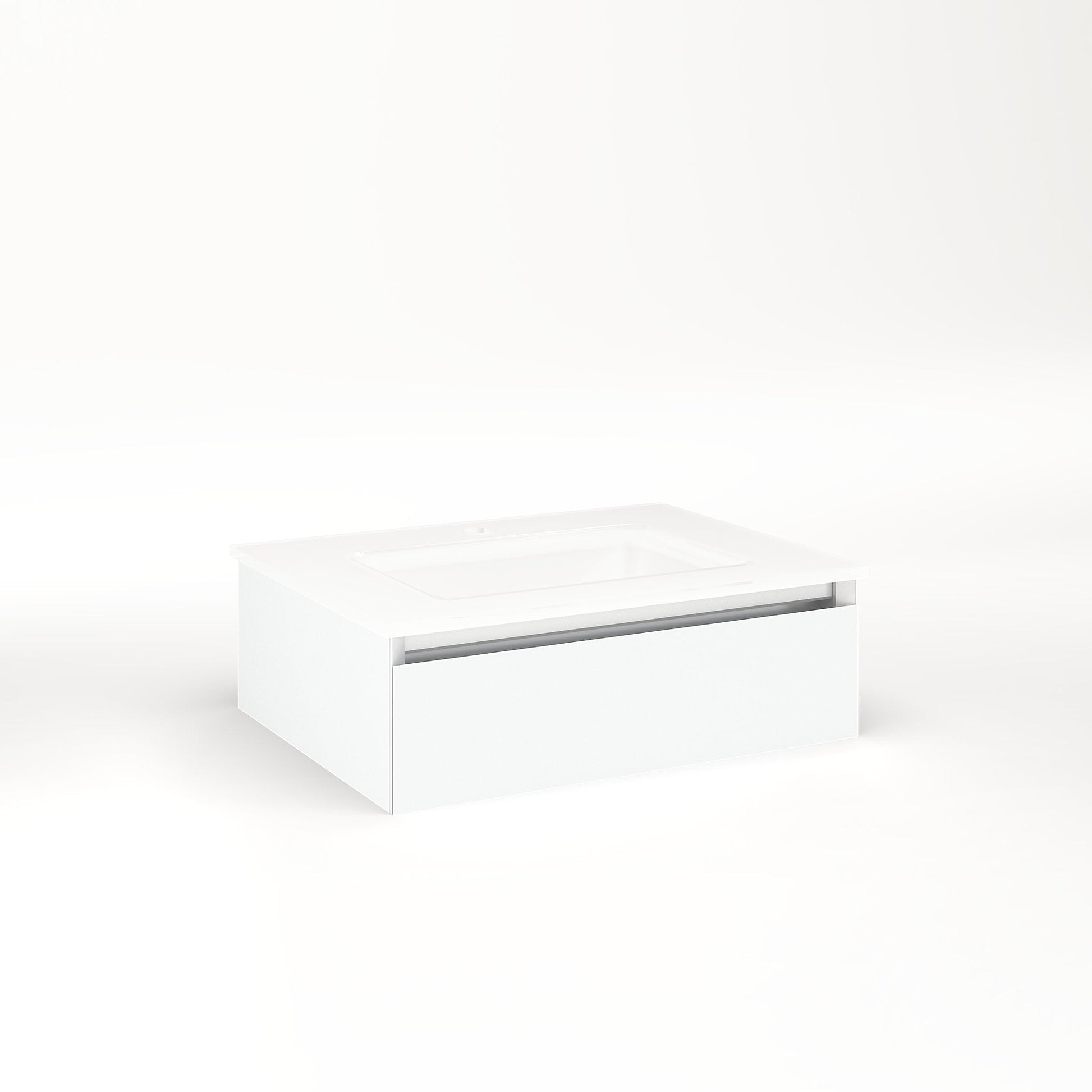 Cartesian 24-1/8" x 7-1/2" x 18-3/4" slim drawer vanity in matte white with slow-close plumbing drawer and night light in 5000K temperature (cool light)