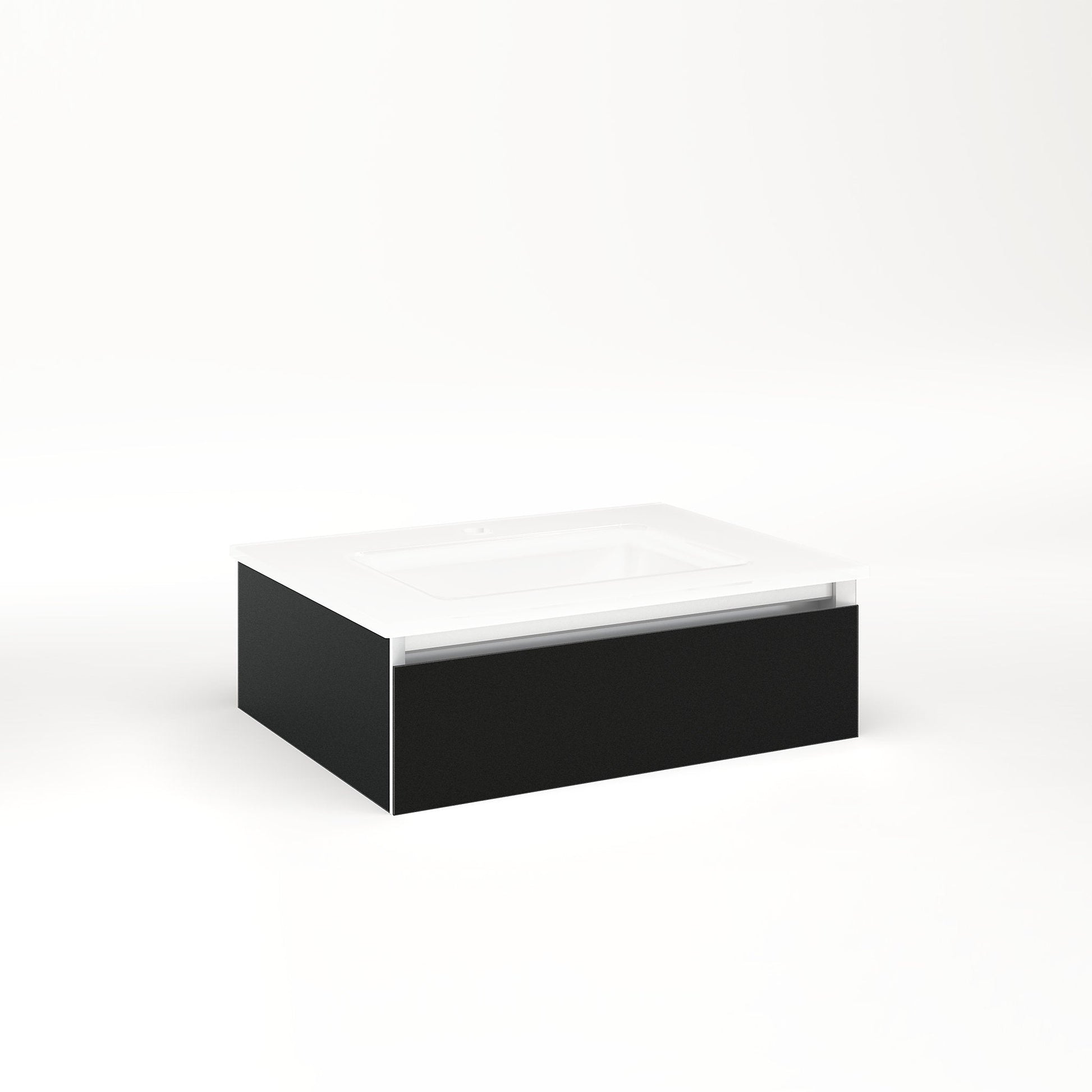 Cartesian 24-1/8" x 7-1/2" x 18-3/4" slim drawer vanity in matte black with slow-close plumbing drawer and night light in 5000K temperature (cool light)
