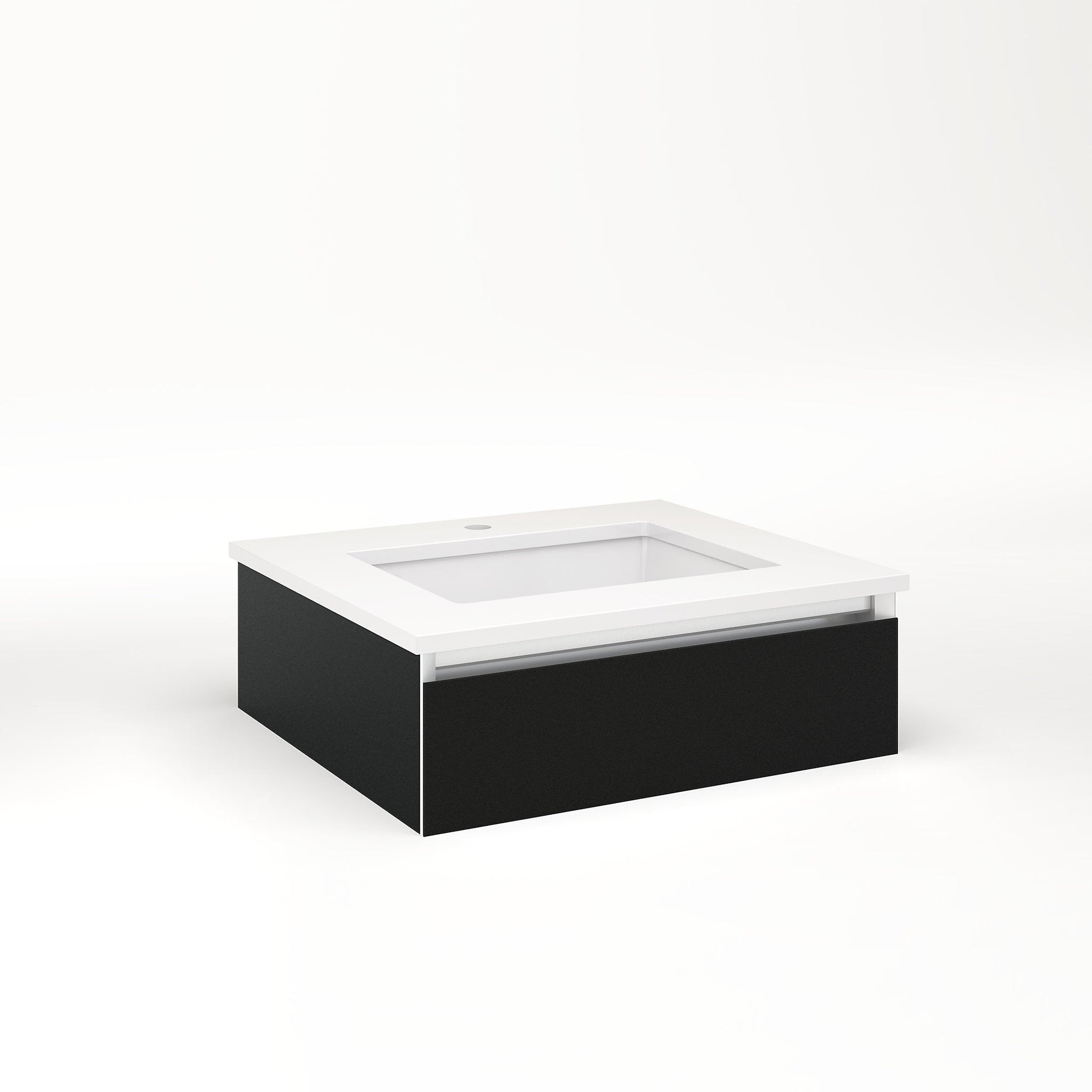 Cartesian 24-1/8" x 7-1/2" x 21-3/4" slim drawer vanity in matte black with slow-close full drawer and selectable night light in 2700K/4000K temperature (warm/cool light)