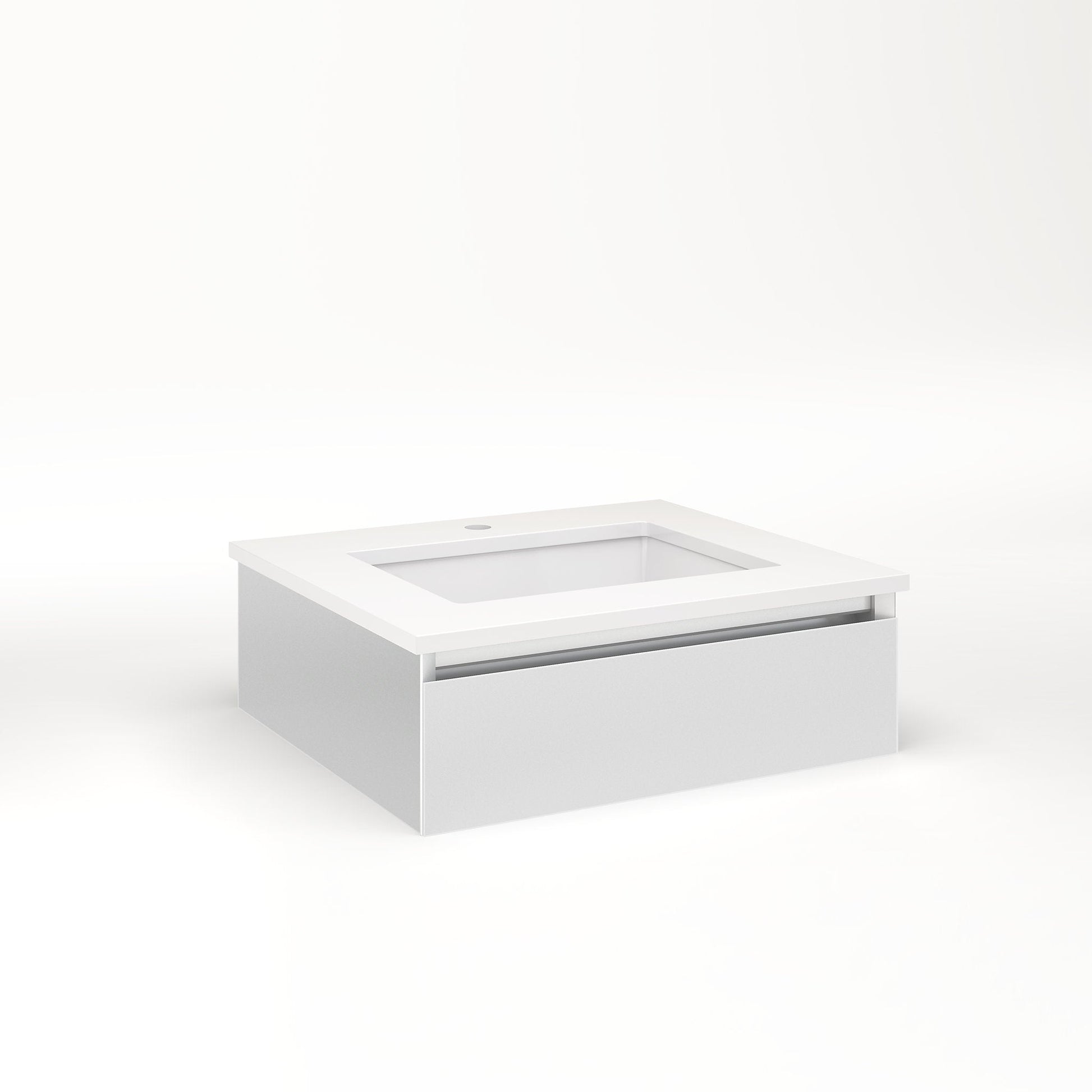 Cartesian 24-1/8" x 7-1/2" x 21-3/4" slim drawer vanity in satin white with slow-close plumbing drawer and night light in 5000K temperature (cool light)