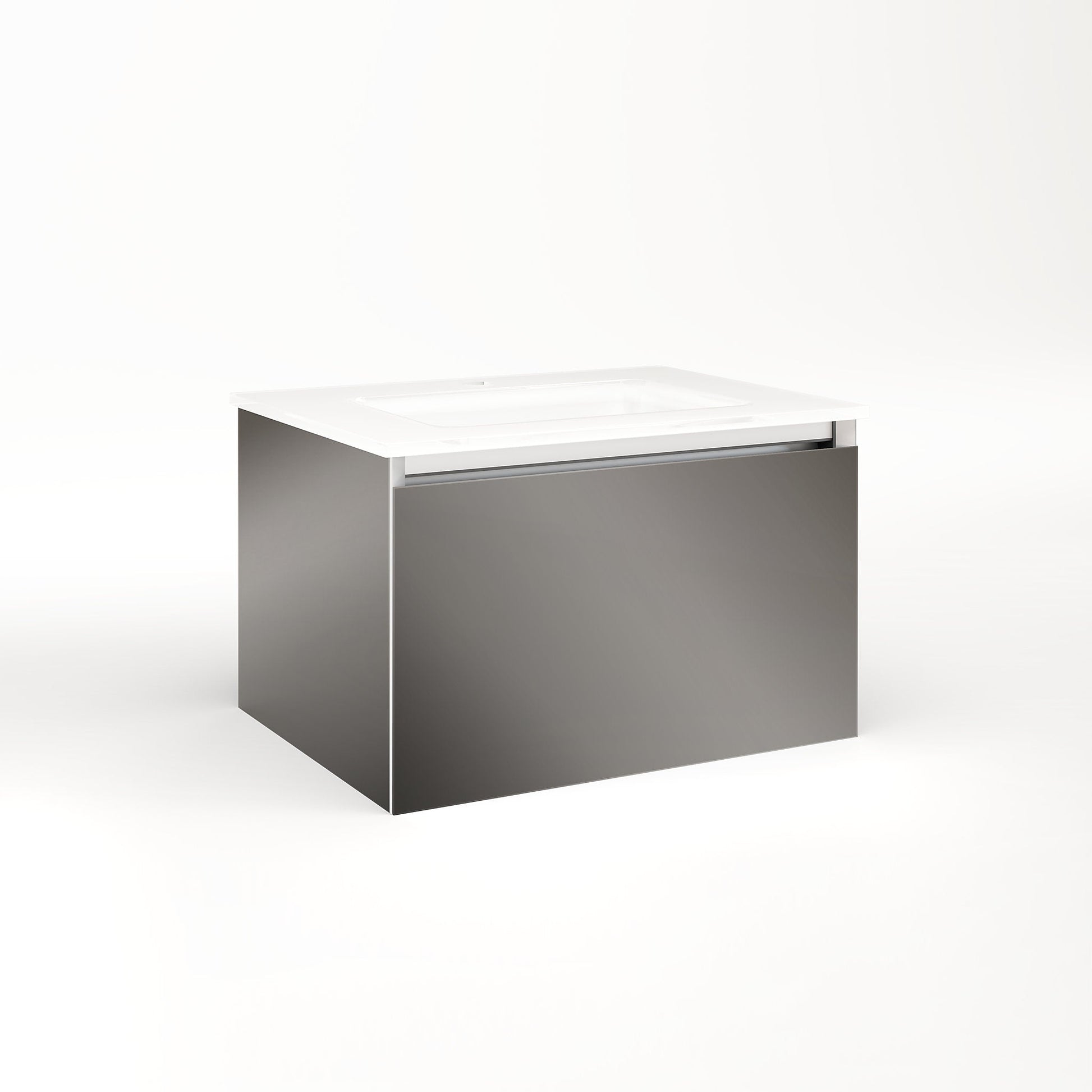 Cartesian 24-1/8" x 15" x 18-3/4" slim drawer vanity in tinted gray mirror with slow-close full drawer and selectable night light in 2700K/4000K temperature (warm/cool light)