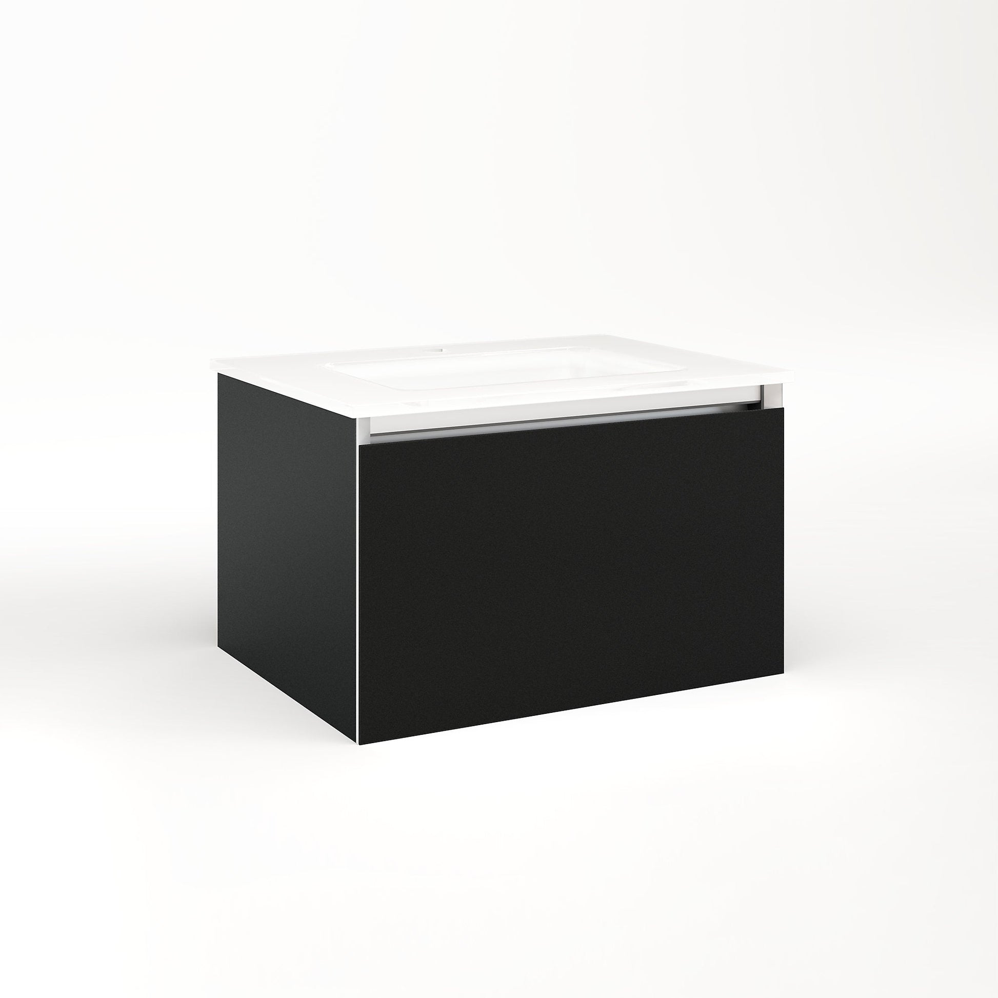 Cartesian 24-1/8" x 15" x 18-3/4" slim drawer vanity in matte black with slow-close full drawer and selectable night light in 2700K/4000K temperature (warm/cool light)