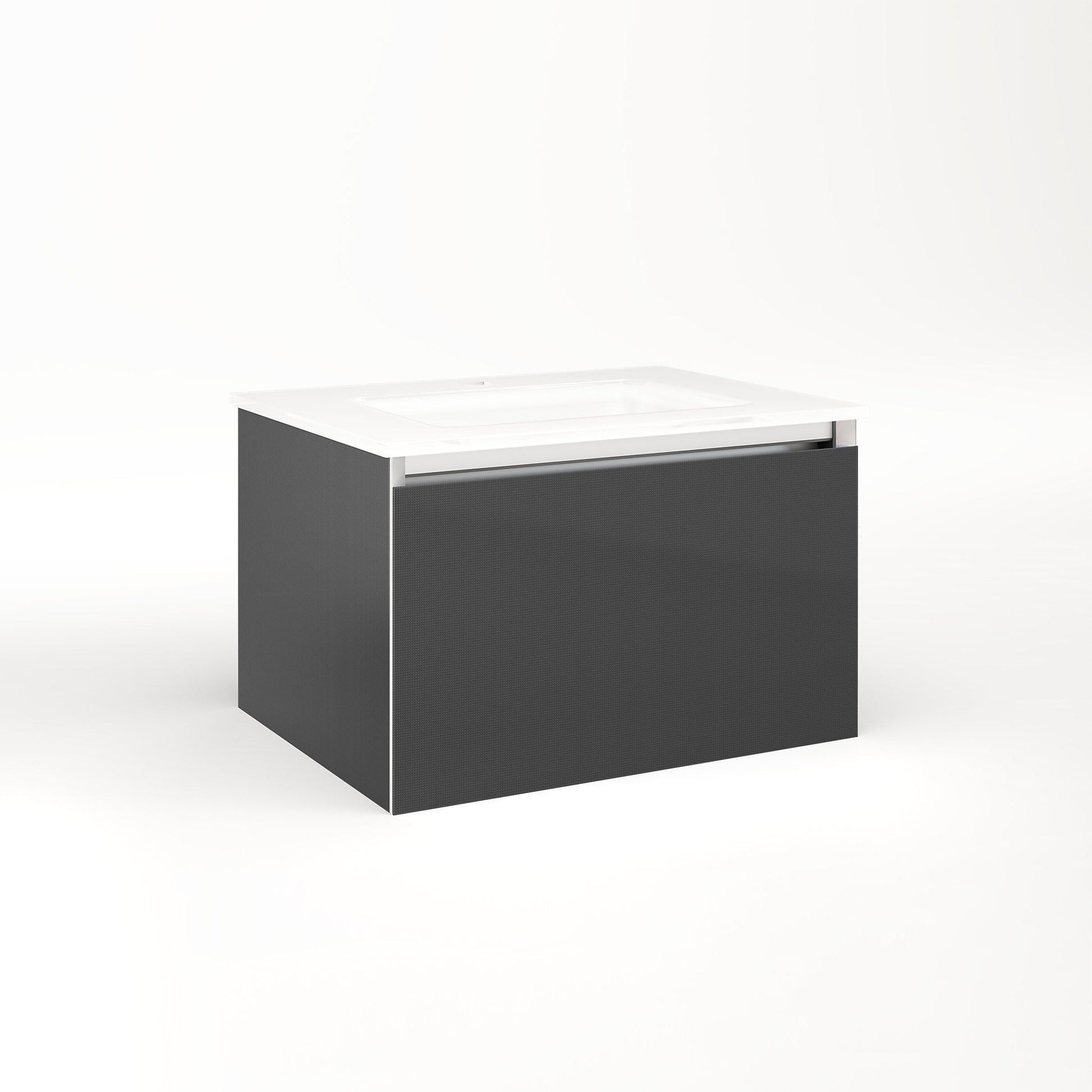 Cartesian 24-1/8" x 15" x 18-3/4" slim drawer vanity in smoke screen with slow-close plumbing drawer and selectable night light in 2700K/4000K temperature (warm/cool light)