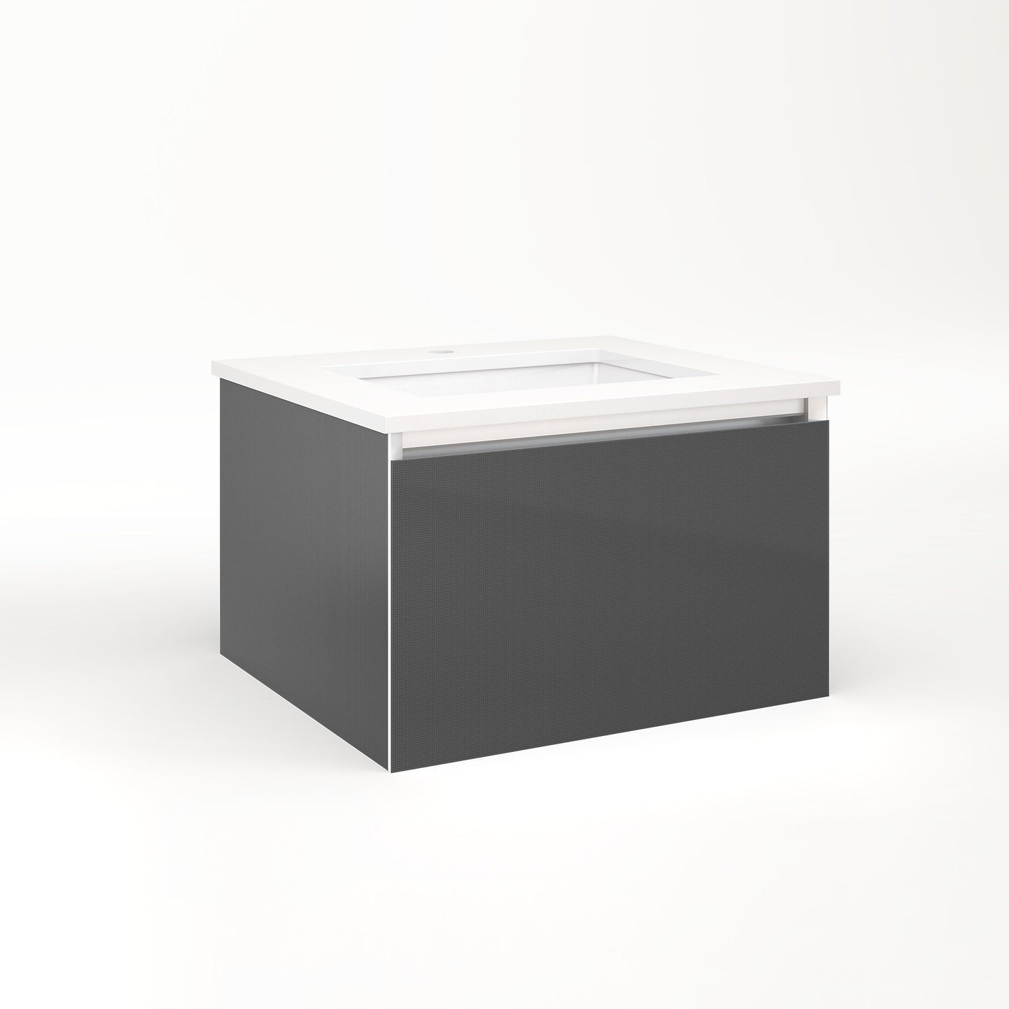 Cartesian 24-1/8" x 15" x 21-3/4" slim drawer vanity in smoke screen with slow-close plumbing drawer and selectable night light in 2700K/4000K temperature (warm/cool light)
