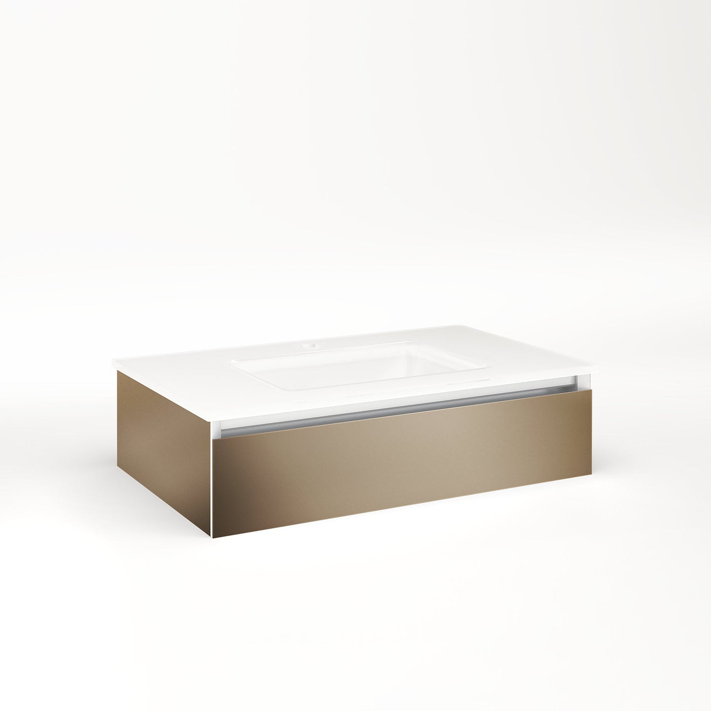 Cartesian 30-1/8" x 7-1/2" x 18-3/4" slim drawer vanity in satin bronze with slow-close full drawer and selectable night light in 2700K/4000K temperature (warm/cool light)