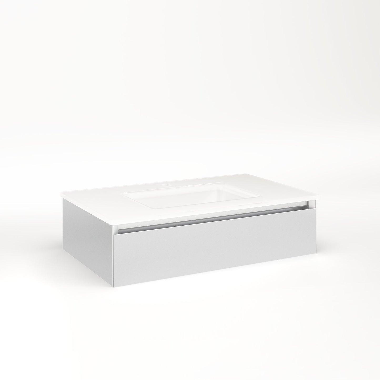 Cartesian 30-1/8" x 7-1/2" x 18-3/4" slim drawer vanity in satin white with slow-close full drawer and selectable night light in 2700K/4000K temperature (warm/cool light)