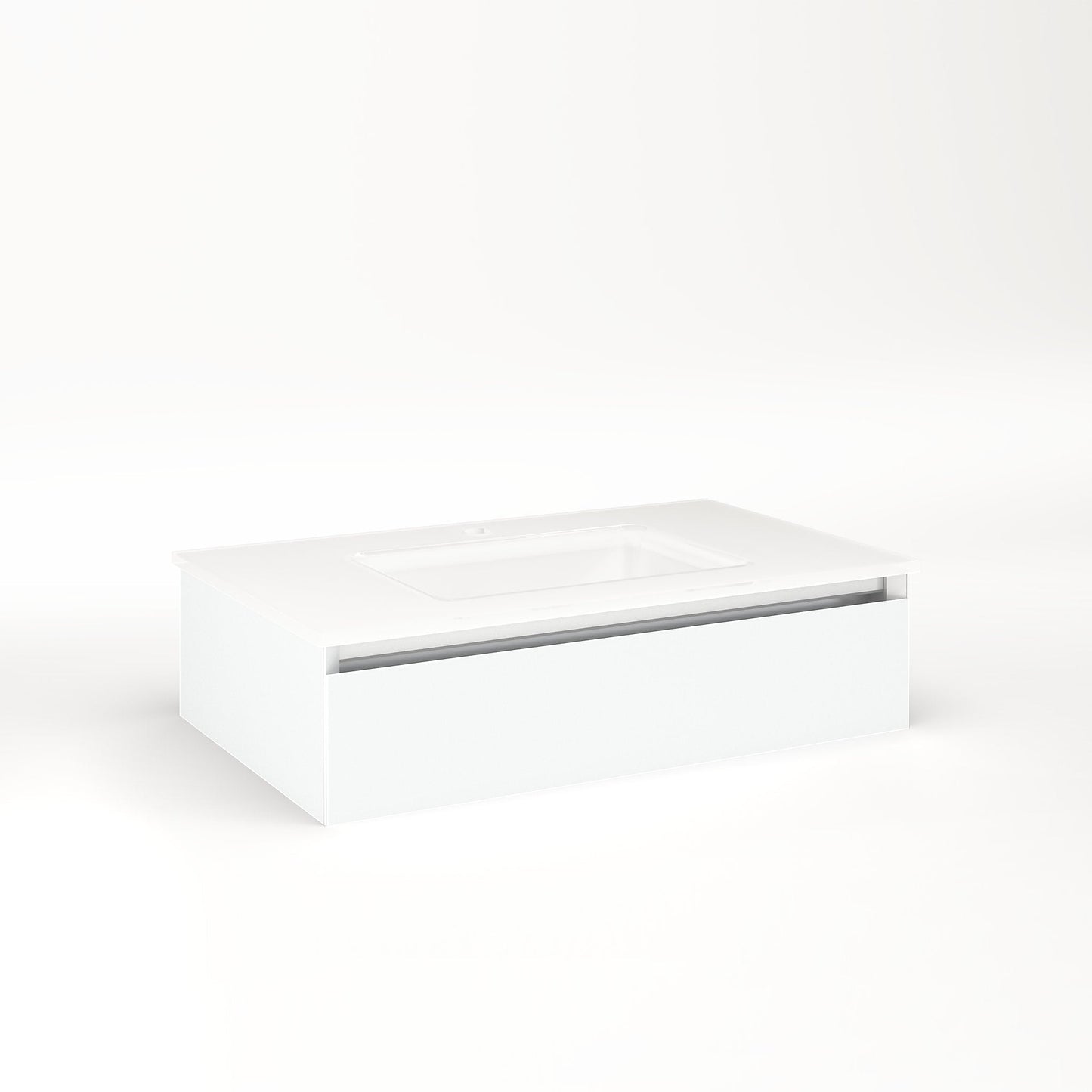 Cartesian 30-1/8" x 7-1/2" x 18-3/4" slim drawer vanity in matte white with slow-close tip out drawer and selectable night light in 2700K/4000K temperature (warm/cool light)