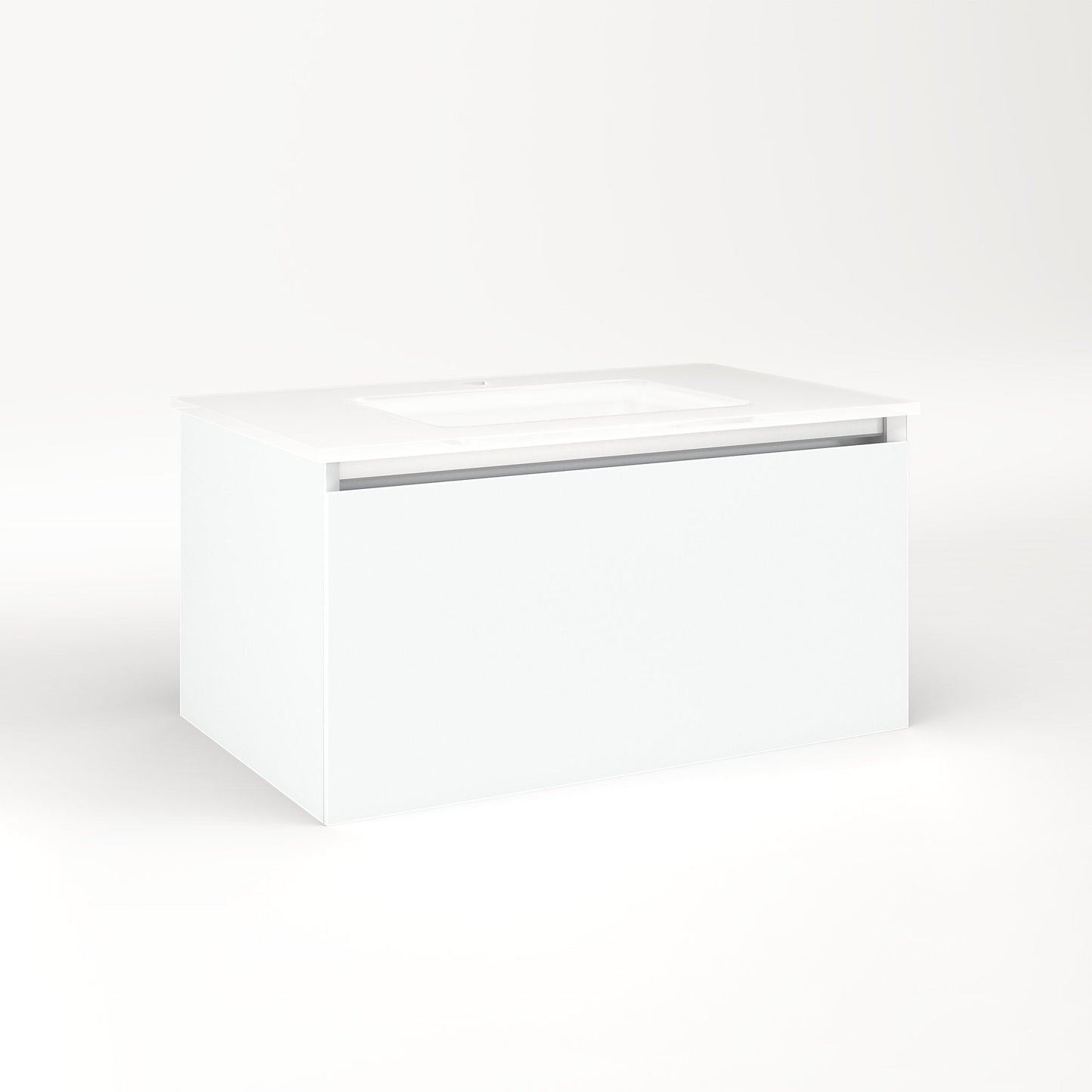 Cartesian 30-1/8" x 15" x 18-3/4" slim drawer vanity in matte white with slow-close plumbing drawer and selectable night light in 2700K/4000K temperature (warm/cool light)