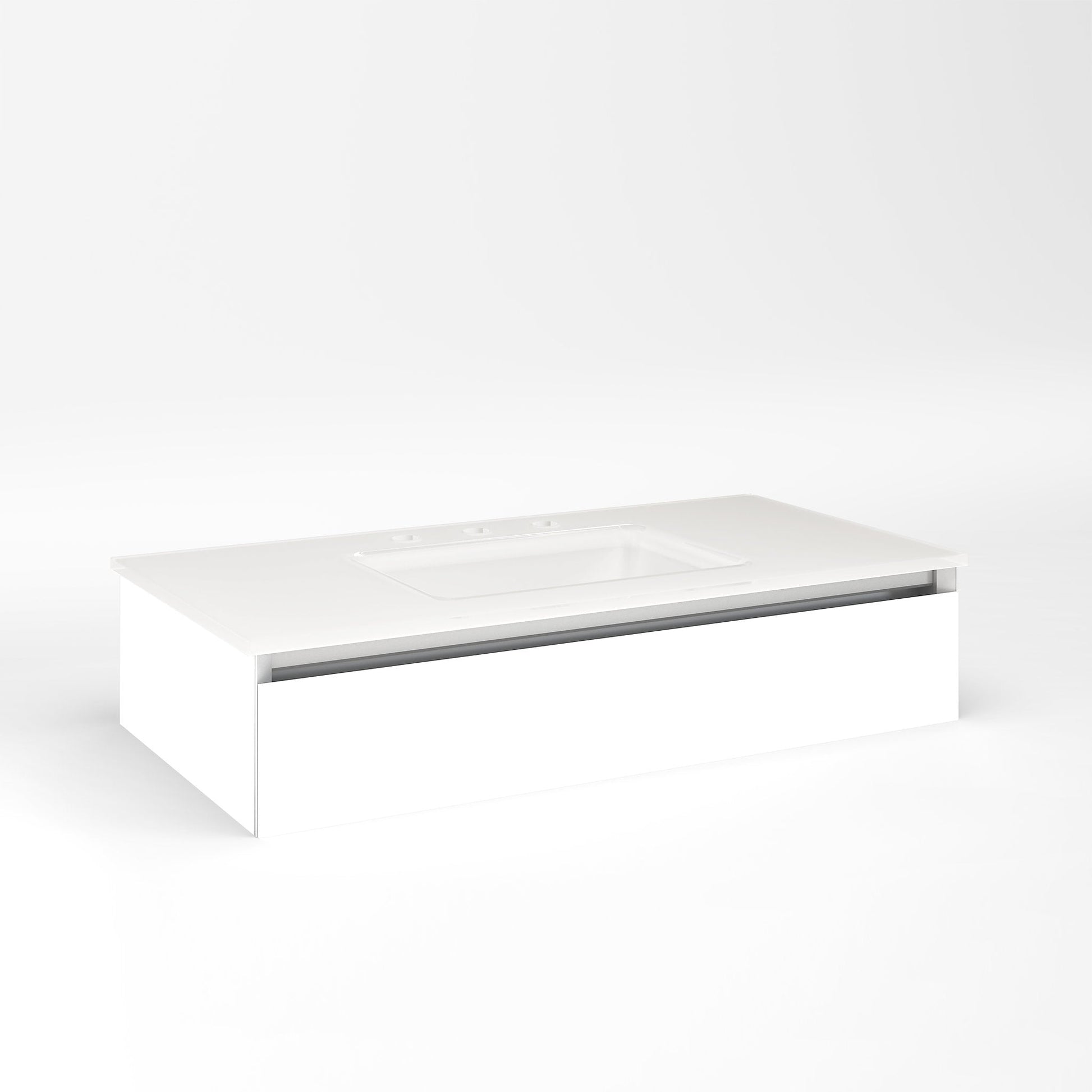 Cartesian 36-1/8" x 7-1/2" x 18-3/4" slim drawer vanity in matte white with slow-close plumbing drawer and selectable night light in 2700K/4000K temperature (warm/cool light)