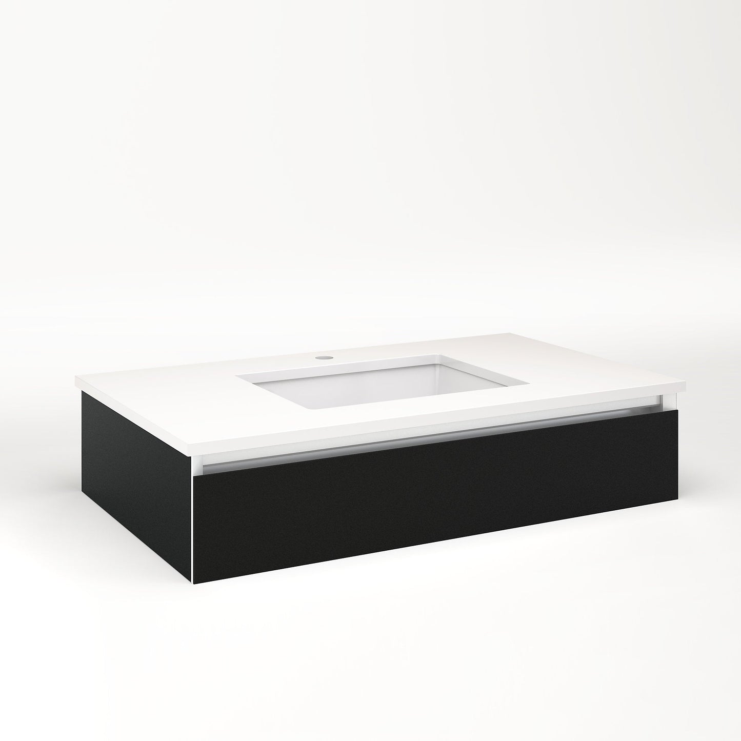 Cartesian 36-1/8" x 7-1/2" x 21-3/4" slim drawer vanity in matte black with slow-close full drawer and selectable night light in 2700K/4000K temperature (warm/cool light)