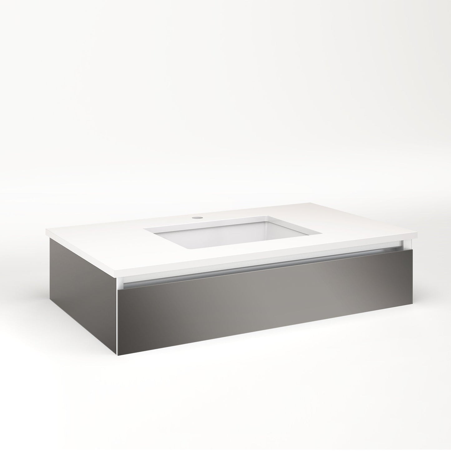 Cartesian 36-1/8" x 7-1/2" x 21-3/4" slim drawer vanity in tinted gray mirror with slow-close plumbing drawer and night light in 5000K temperature (cool light)