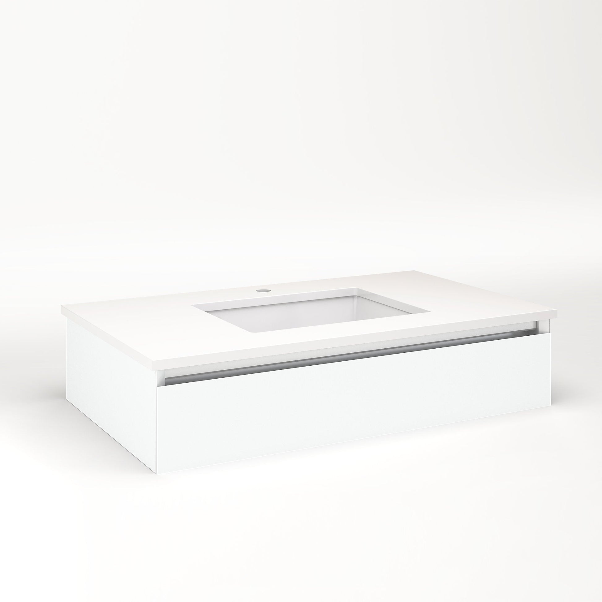 Cartesian 36-1/8" x 7-1/2" x 21-3/4" slim drawer vanity in matte white with slow-close plumbing drawer and night light in 5000K temperature (cool light)