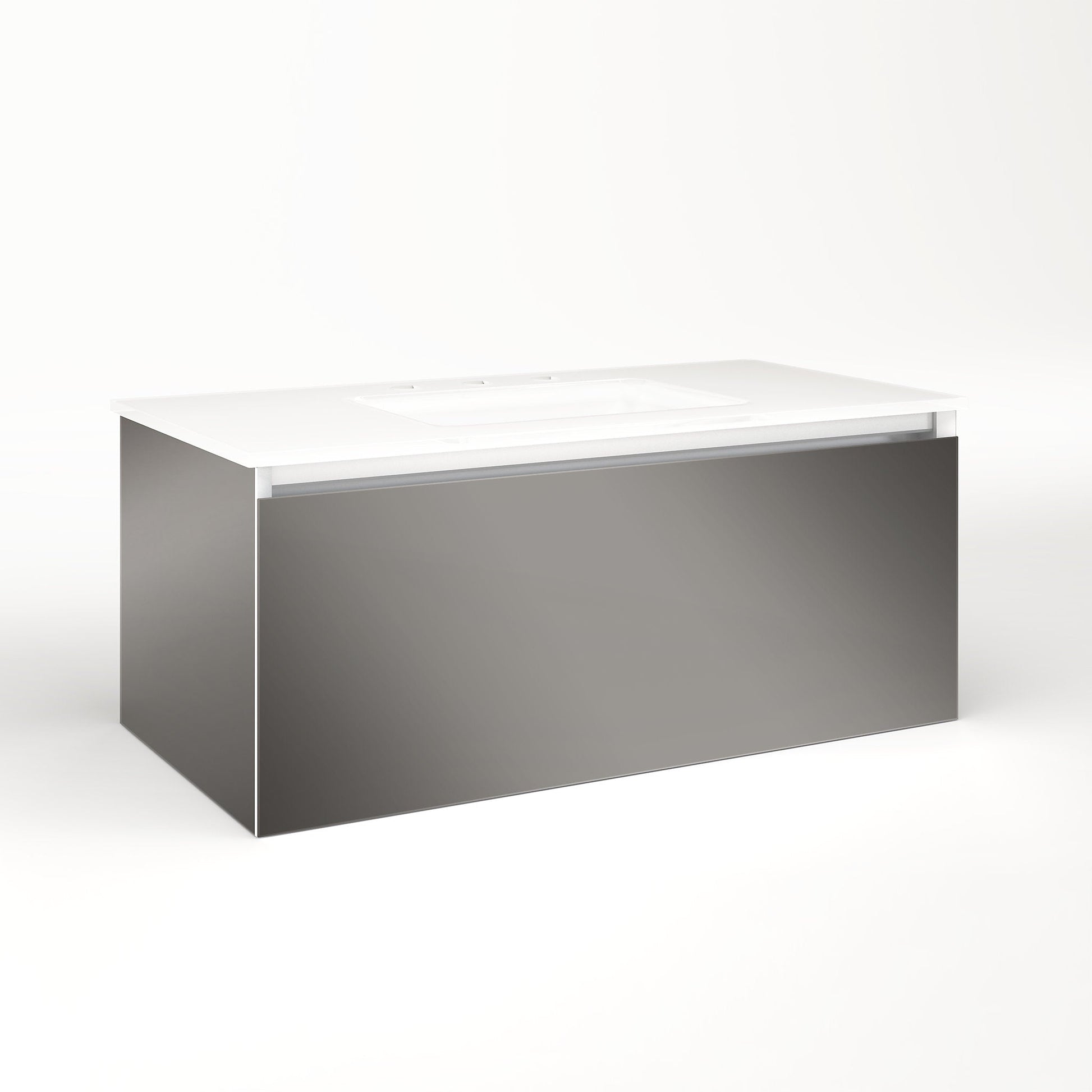 Cartesian 36-1/8" x 15" x 18-3/4" slim drawer vanity in tinted gray mirror with slow-close plumbing drawer and selectable night light in 2700K/4000K temperature (warm/cool light)
