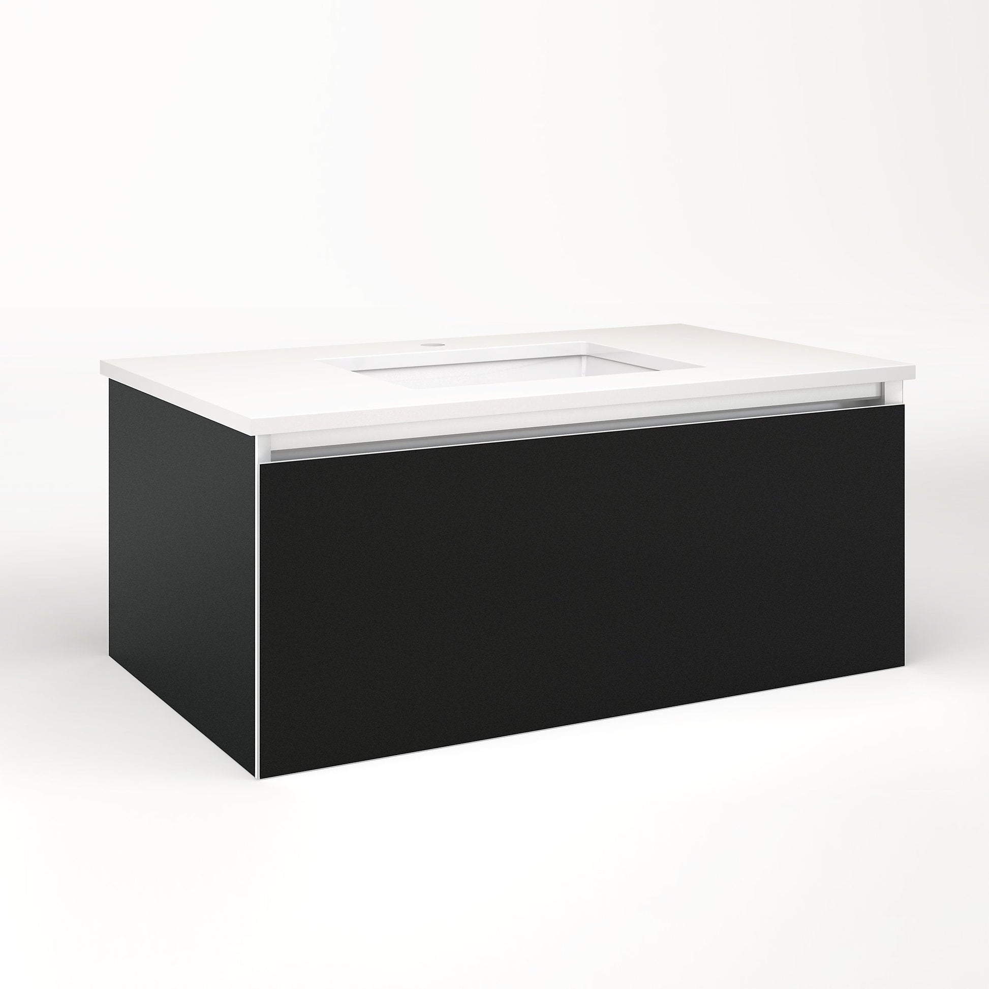 Cartesian 36-1/8" x 15" x 21-3/4" slim drawer vanity in matte black with slow-close full drawer and selectable night light in 2700K/4000K temperature (warm/cool light)