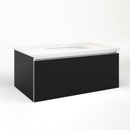 Cartesian 36-1/8" x 15" x 21-3/4" slim drawer vanity in matte black with slow-close full drawer and selectable night light in 2700K/4000K temperature (warm/cool light)