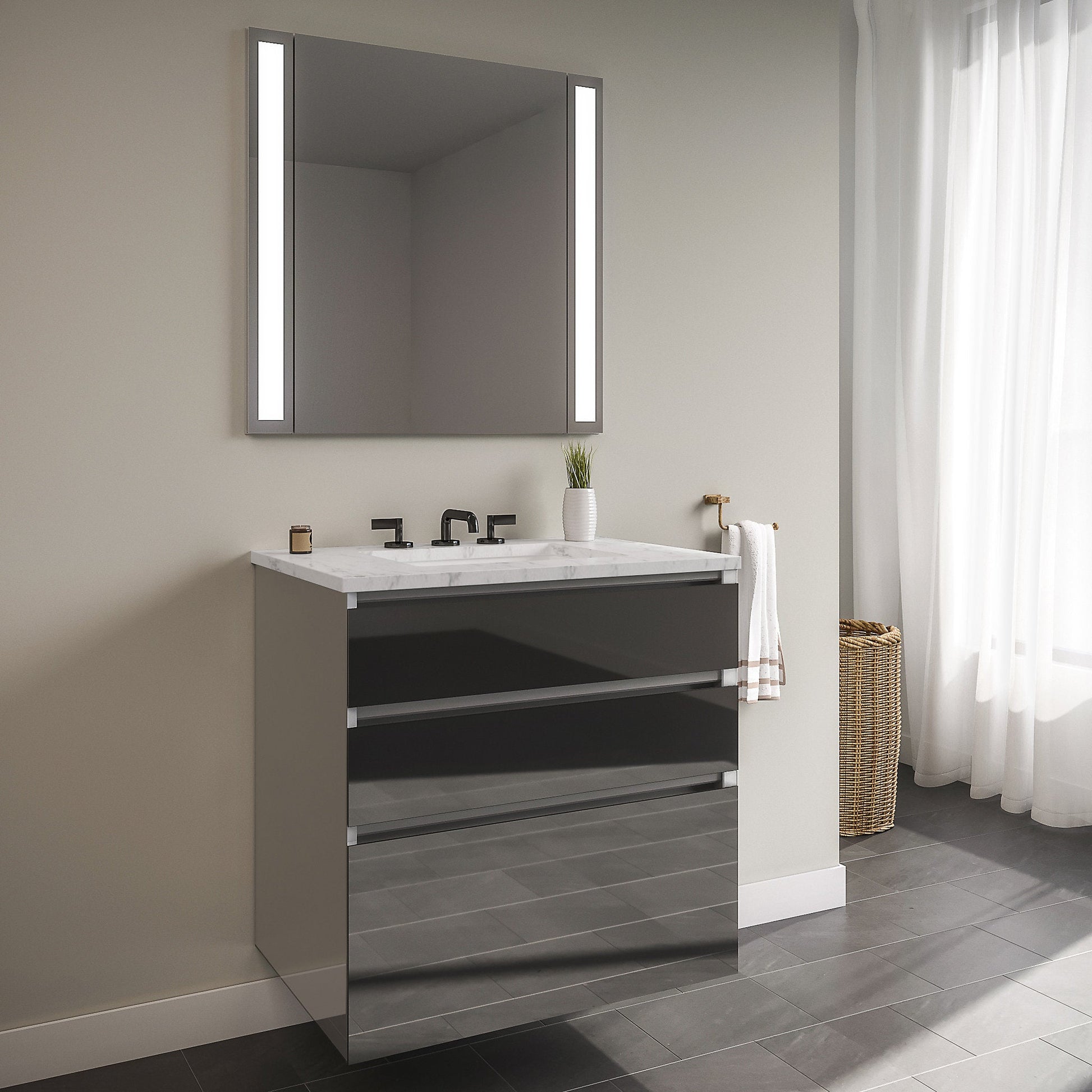 Curated Cartesian 24" x 7-1/2" x 21" and 24" x 15" x 21" three drawer vanity in tinted gray mirror glass with tip out drawer, slow-close plumbing drawer, full drawer and Engineered Stone 25" vanity top in Silestone lyra