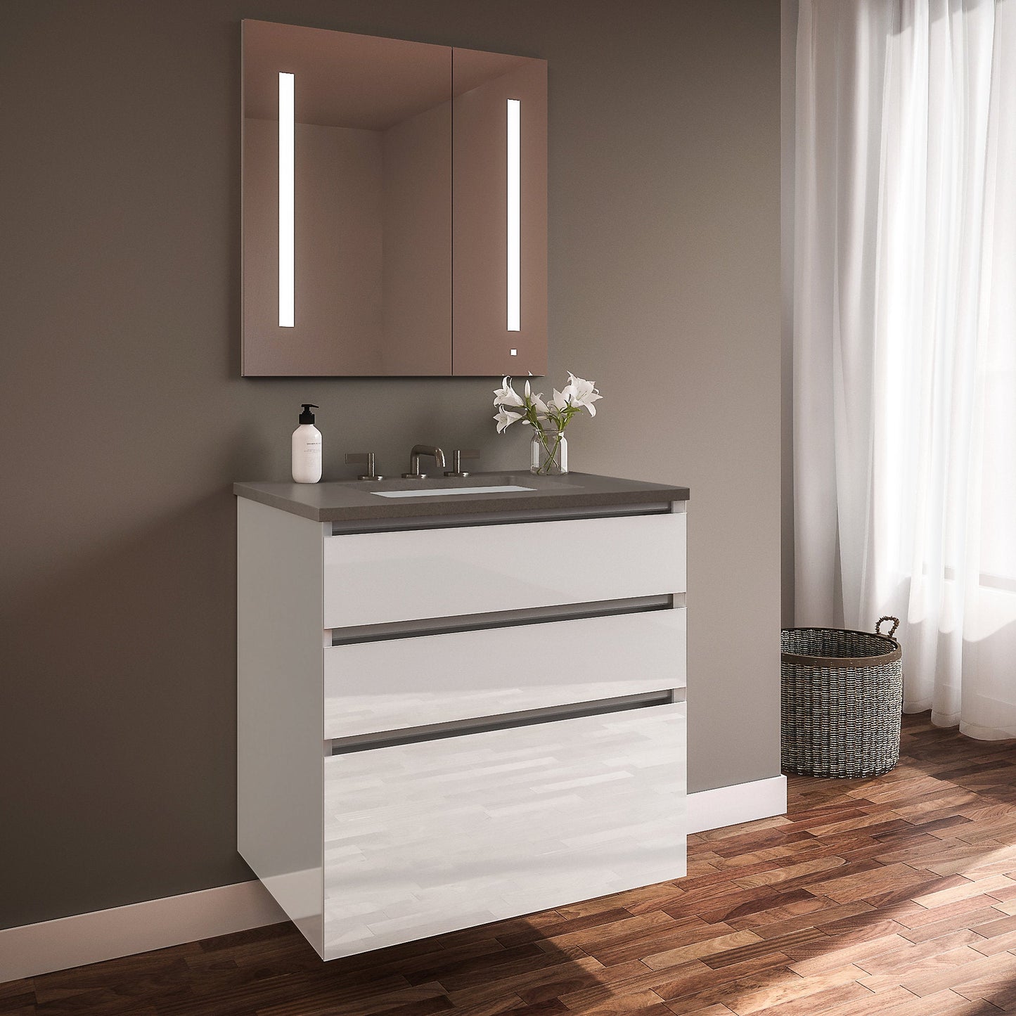 Curated Cartesian 24" x 7-1/2" x 21" and 24" x 15" x 21" three drawer vanity in white glass with tip out drawer, slow-close plumbing drawer, full drawer and Engineered Stone 25" vanity top in stone gray (Silestone expo grey)